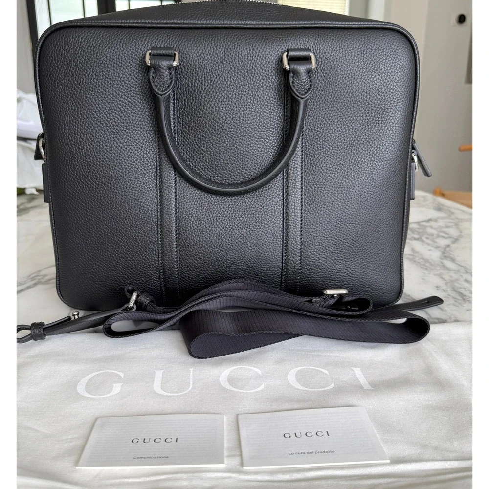 Gucci Men's 816767 Black Webbing-Trimmed Full-Grain Leather Briefcase, NWT